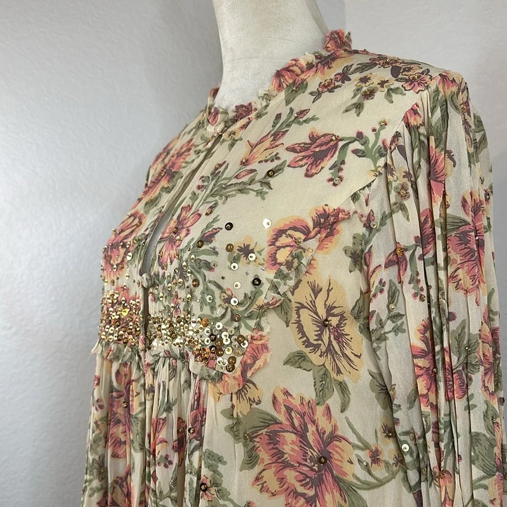 Free People  Hand Beaded Bali Golden Sun Printed Mini Dress SIZE SMALL NWT - Picture 9 of 16